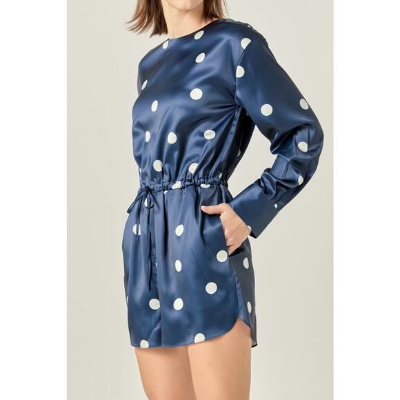 NEW! English Factory Dot Printed Satin Long Sleeve Romper Navy Medium - Picture 11 of 11